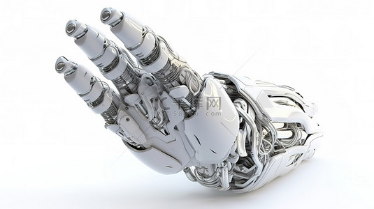 在白色背景上隔离的 3D 渲染中竖起大拇指的机器人或机器人手