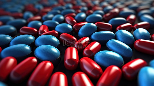 医疗治疗背景图片_红色和蓝色胶囊丸的 3D 渲染是抗生素和治疗的医疗保健概念