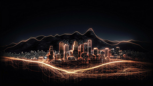 科技背景暗背景图片_3d 渲染中带照明小径和线框山的夜天际线
