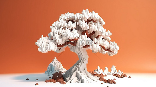 秋季和万圣节设计 3D 像素化卡通风格的漂白白树