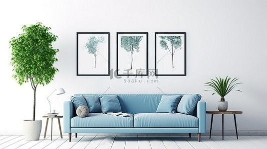 时尚沙发家具背景图片_时尚的蓝色沙发搭配原始的白色背景，配有现代海报框架 3D 渲染客厅室内设计