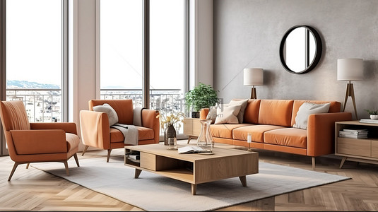 客厅的 3D 渲染，配有扶手椅咖啡桌和木制餐具柜