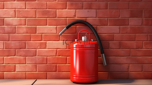 防水标志背景图片_带红色灭火器和砖墙背景的壁挂式应急储物箱的 3D 渲染