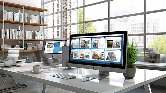 现代办公室背景背景图片_在现代办公室的计算机上构建网站的 3D 渲染