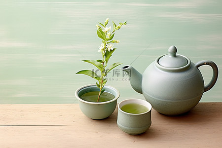 茶壶西式茶壶背景图片_木桌上的蓝色茶壶叶子和勺子