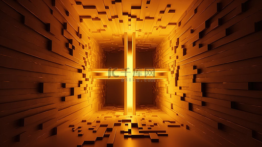 3D 渲染抽象背景中充满活力的黄色霓虹灯照亮的墙上的十字形孔