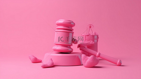 法庭法官背景图片_粉红色背景上 3d 法官拿着的粉红色木槌，代表法律概念