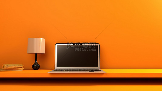橙色办公室场景背景横幅上笔记本电脑的 3D 插图