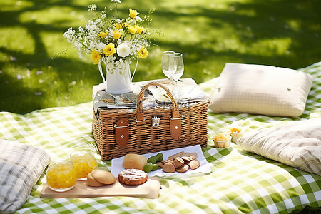阳光明媚的一天，在公园野餐，提供食物饮料和一些白色椅子
