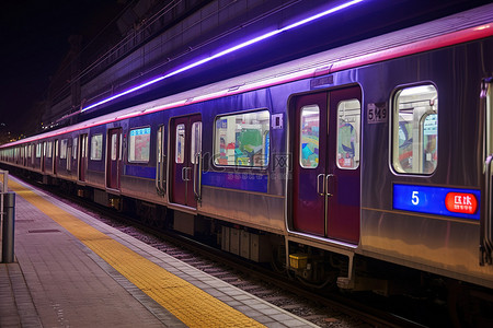 夜间，一列韩国公共交通地铁列车停在外面的轨道上