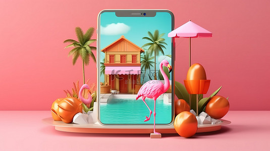 旅行度假卡通背景图片_智能手机度假预订的 3D 插图，带有火烈鸟漂浮和复制空间，非常适合您的夏季度假