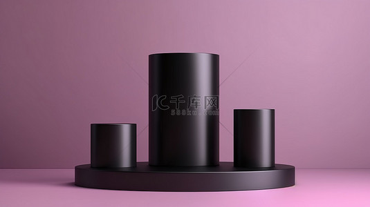 简约紫色背景产品展示架，带空白圆柱状黑色讲台