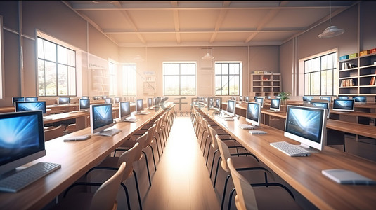计算机教室背景图片_彻底改变学习现代在线教育 3D 渲染的数字教室