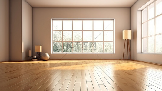社会房间背景图片_带有浅色木地板的空室内空间的 3D 渲染