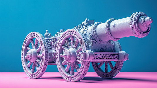 城堡粉色背景图片_复古粉色海盗大炮，双色调炮弹呈现在蓝色背景 3D 渲染上