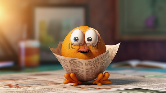 快乐的阅读背景图片_鸡蛋 cellent 复活节 3D 插图，一个机智的鸡蛋全神贯注于报纸阅读