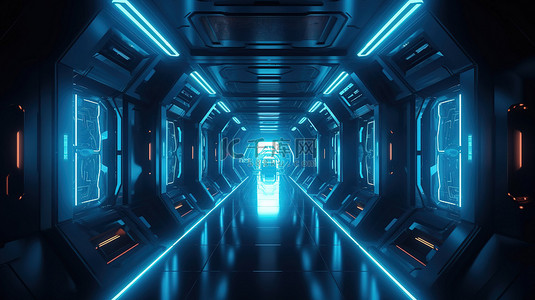 未来派科幻宇宙飞船走廊 3d 渲染，深色背景上带有霓虹蓝光