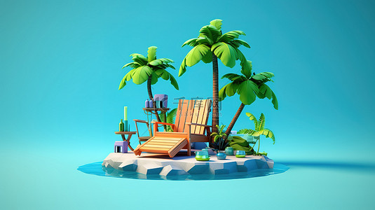 度假氛围低聚岛屿，蓝色背景上装饰着棕榈树和躺椅，3D 渲染