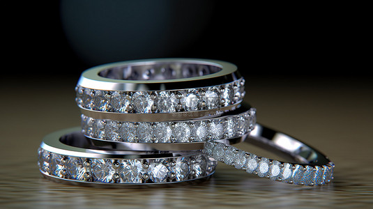 堆叠订婚戒指横幅的白金 3D 渲染