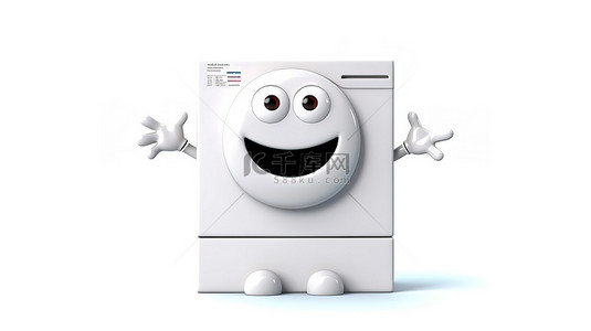 海报洗衣机背景图片_白色的现代洗衣机吉祥物，在 3D 渲染的时尚白色背景上展示空白促销台