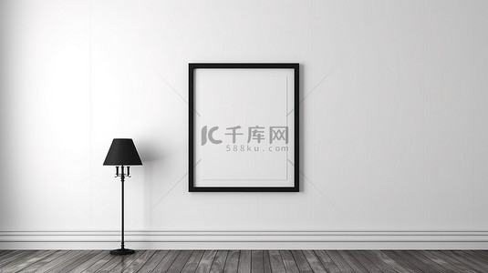 相框模板背景图片_简约的白色空间空黑色相框与木地板 3D 室内背景