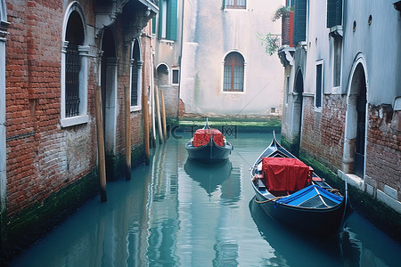 威尼斯狭窄运​​河上的两艘贡多拉