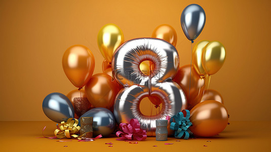 海报祝福背景图片_用闪亮的金箔气球和丝带欢庆八岁生日