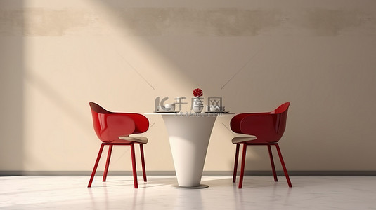带红色椅子和空米色墙的简约厨房的 3D 渲染