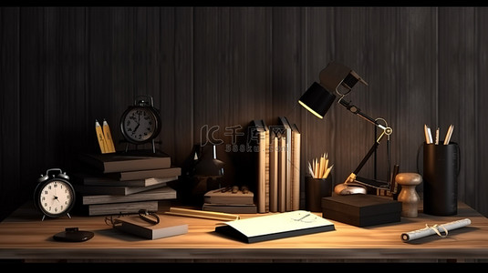 文具放置在木质桌面上，带有黑色背景 3D 渲染，具有充足的复制空间
