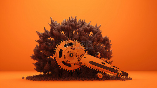 充满活力的橙色背景下黑白树锯的 3D 渲染