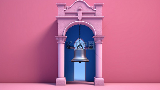 古老的塔背景图片_粉红色背景，双色调风格蓝色钟楼拱门和 3D 渲染中的吊钟