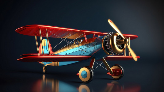 复古可爱的背景图片_带有一丝复古风格的现代双翼飞机 3d 渲染插图，蓝色红色和金色