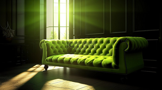 带 3d 渲染绿色沙发的绿色阳光明媚的客厅
