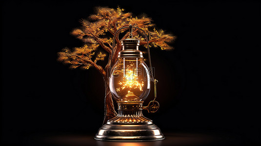 树灯背景图片_1 黑暗背景下古董煤油灯内发光树的 3D 插图
