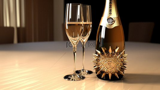 生日背景图片_3D 渲染中装饰精美的香槟瓶和玻璃杯