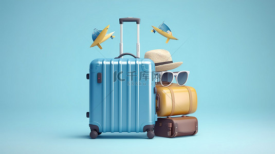 手提箱展开图背景图片_旅行必需品行李飞机气球太阳镜帽子和相机在蓝色背景 3D 渲染