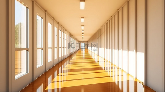 医院房间背景图片_阳光普照的宽敞走廊的 3D 渲染