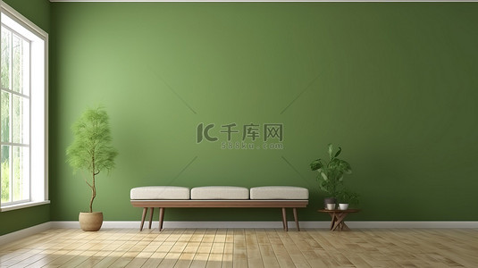 白色椅子和绿色墙壁的 3D 渲染图像，配有木地板白色窗户和长凳