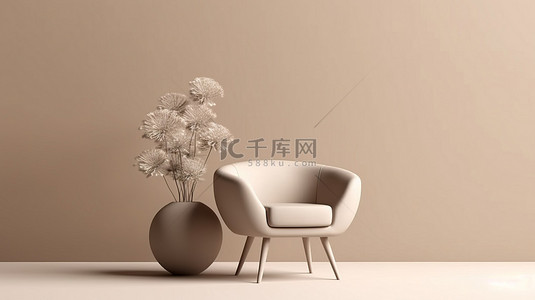 柔和的棕色背景上米色单色扶手椅和花瓶植物的 3D 渲染