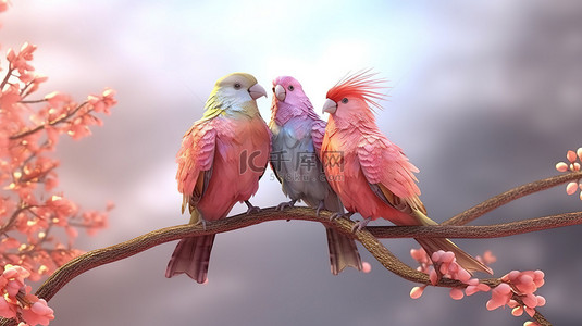 3D 渲染中的一对鸟类模型
