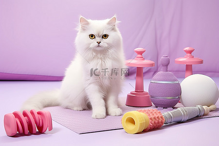 垫子logo背景图片_一只白猫在粉红色的垫子上摆着瑜伽姿势，上面有玩具