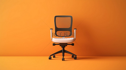 充满活力的橙色背景下单色办公椅的 3D 渲染