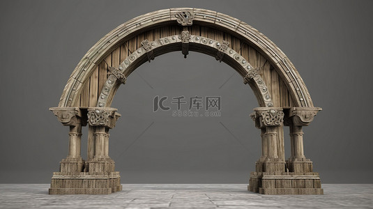 带有中世纪拱门的开放木制城堡门的 3D 渲染