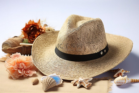 带护照和贝壳的旅行纪念品沙滩帽