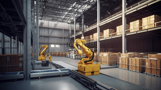 工厂机器人令人难以置信的仓库装配 3D 渲染
