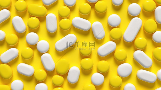黄色背景，带有白色药丸纹理的无缝 3D 插图
