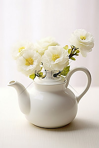 白色的茶壶里装满了白色的花朵