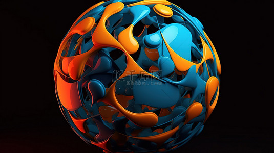 抽象的未来模型橙色和蓝色球由 3D 插图中的众多圆圈组成