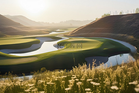 乡村的早晨背景图片_依山傍水的高尔夫球场