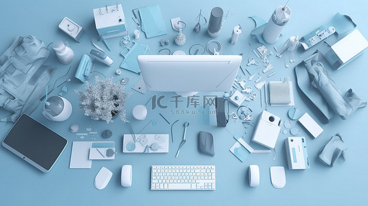 平躺的工作区必需品 3d 渲染与蓝色背景上的计算机数字平板电脑配件和文具